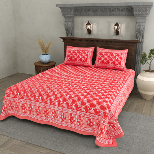 Jaipuri Floral Buti Cotton Bedsheet – Coral Red Blossom