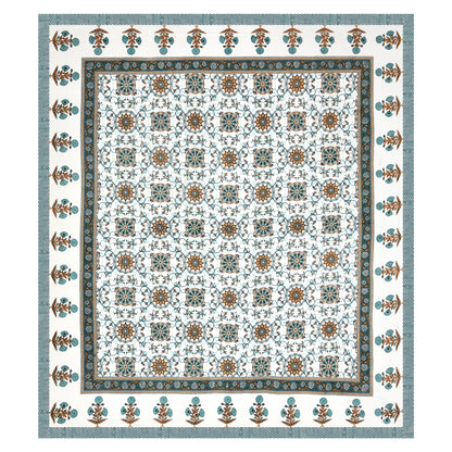 Hand Block Printed Bedsheet – Teal & Mustard Floral Motifs on White Cotton