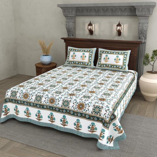 Hand Block Printed Bedsheet – Teal & Mustard Floral Motifs on White Cotton