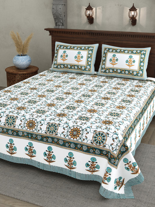 Hand Block Printed Bedsheet – Teal & Mustard Floral Motifs on White Cotton