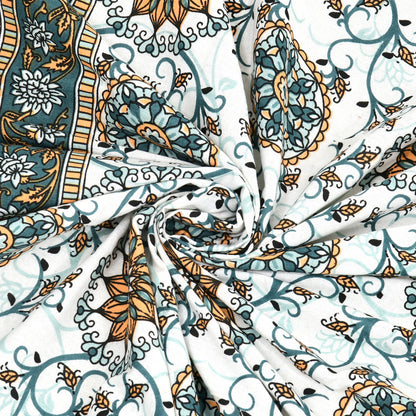Hand Block Printed Bedsheet – Teal & Mustard Floral Motifs on White Cotton