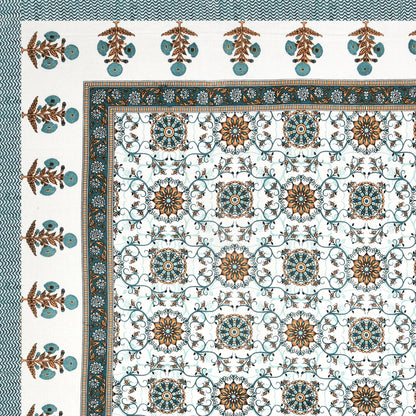 Hand Block Printed Bedsheet – Teal & Mustard Floral Motifs on White Cotton