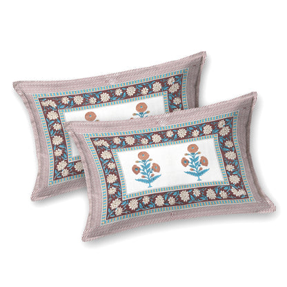 Hand Block Printed Bedsheet – Aqua & Rust Floral Vines on White Cotton