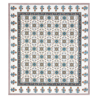 Hand Block Printed Bedsheet – Aqua & Rust Floral Vines on White Cotton