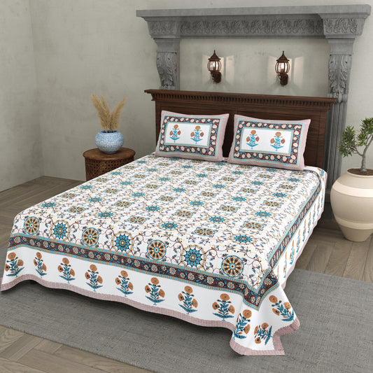 Hand Block Printed Bedsheet – Aqua & Rust Floral Vines on White Cotton