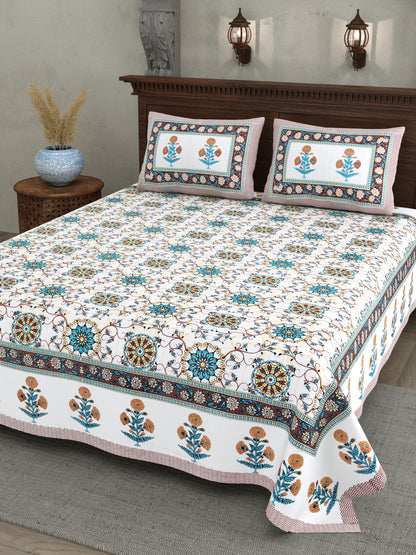 Hand Block Printed Bedsheet – Aqua & Rust Floral Vines on White Cotton