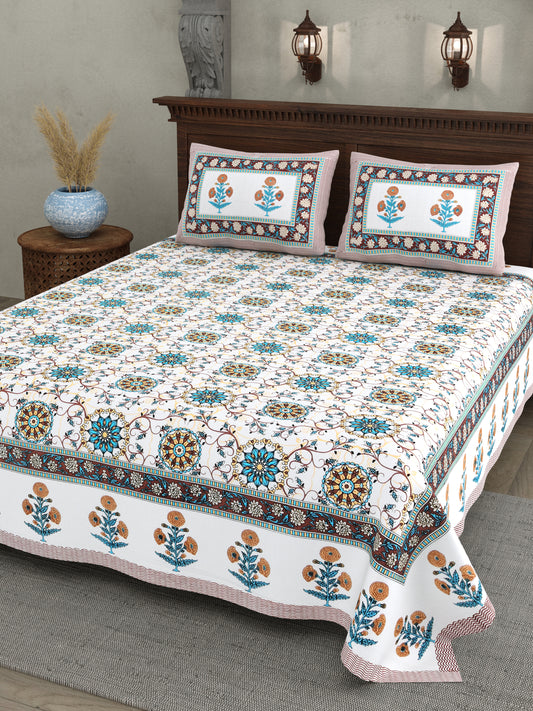 Hand Block Printed Bedsheet – Aqua & Rust Floral Vines on White Cotton
