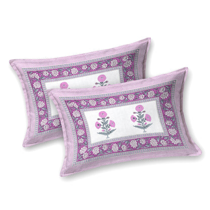 Hand Block Printed Bedsheet – Pink Floral Vines on White Cotton