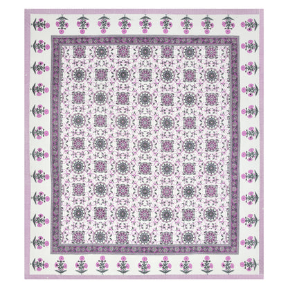 Hand Block Printed Bedsheet – Pink Floral Vines on White Cotton