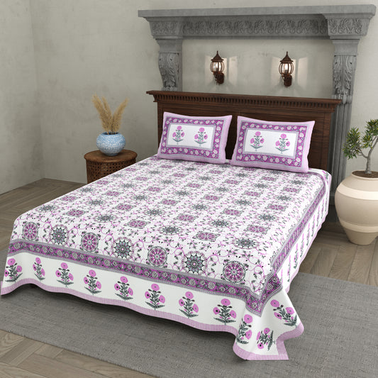 Hand Block Printed Bedsheet – Pink Floral Vines on White Cotton