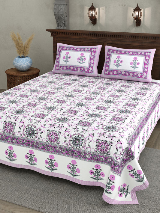 Hand Block Printed Bedsheet – Pink Floral Vines on White Cotton
