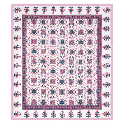 Hand Block Printed Bedsheet – Bright Pink Floral Mandala on White Cotton