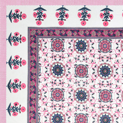 Hand Block Printed Bedsheet – Bright Pink Floral Mandala on White Cotton