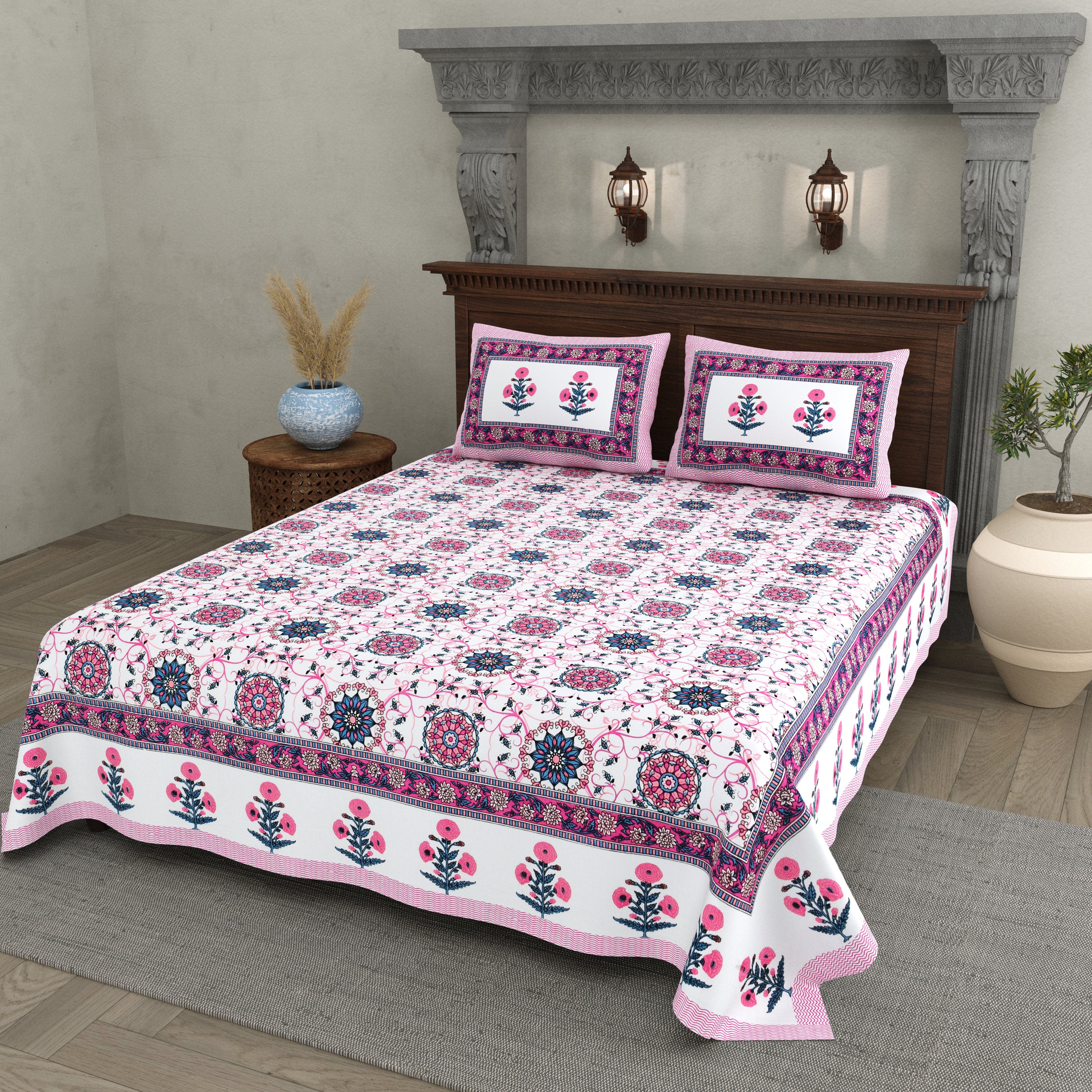 Bright Pink Floral Mandala Print bedsheet