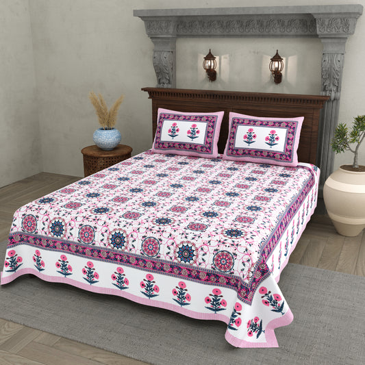 Hand Block Printed Bedsheet – Bright Pink Floral Mandala on White Cotton