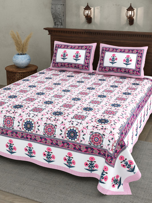 Hand Block Printed Bedsheet – Bright Pink Floral Mandala on White Cotton