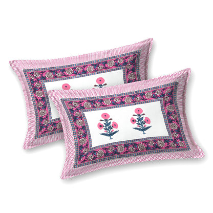 Hand Block Printed Bedsheet – Bright Pink Floral Mandala on White Cotton