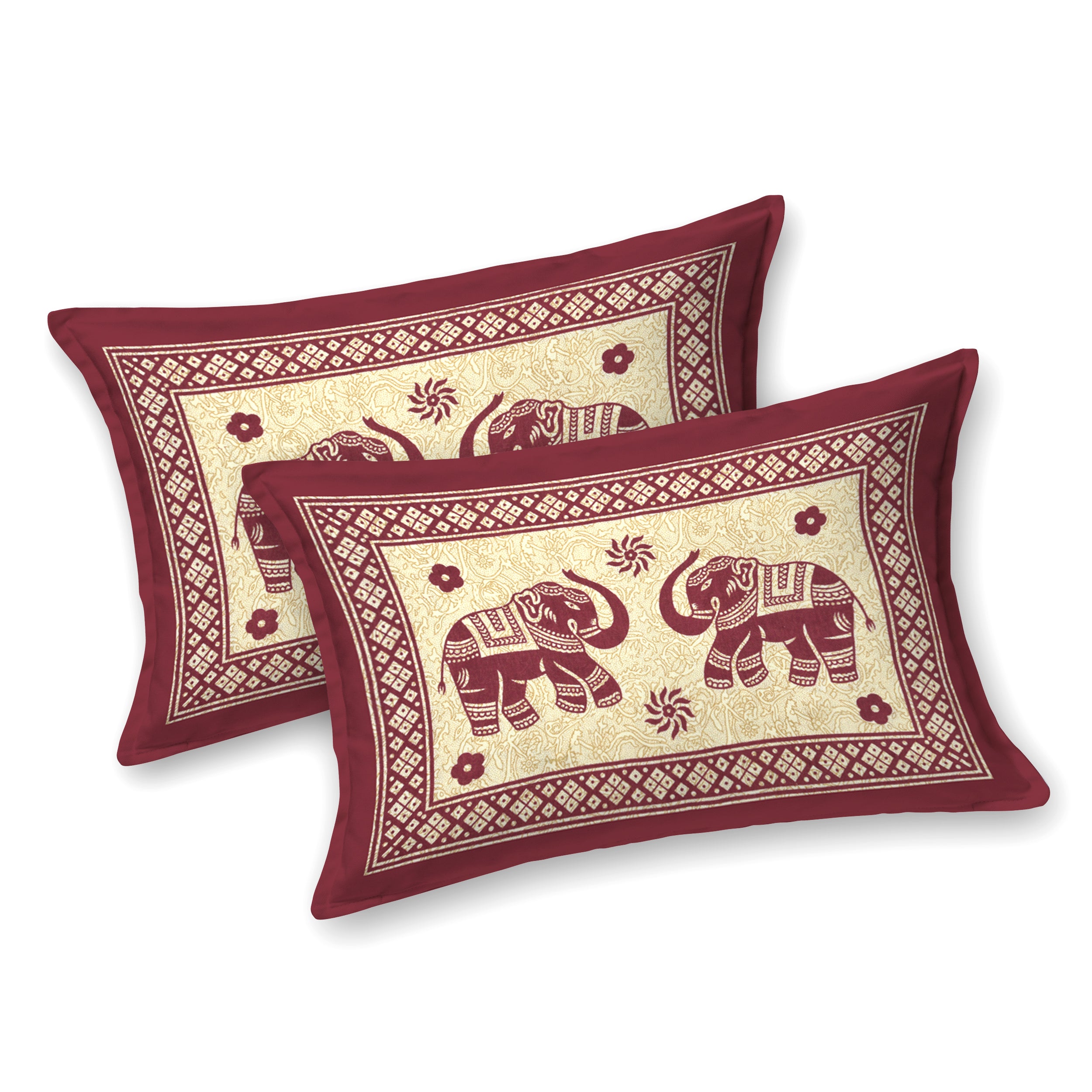 Royal Elephant Print Cotton Bedsheet – Maroon Elegance