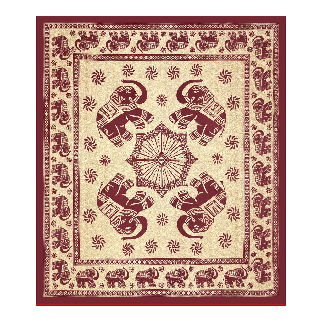 Royal Elephant Print Cotton Bedsheet – Maroon Elegance