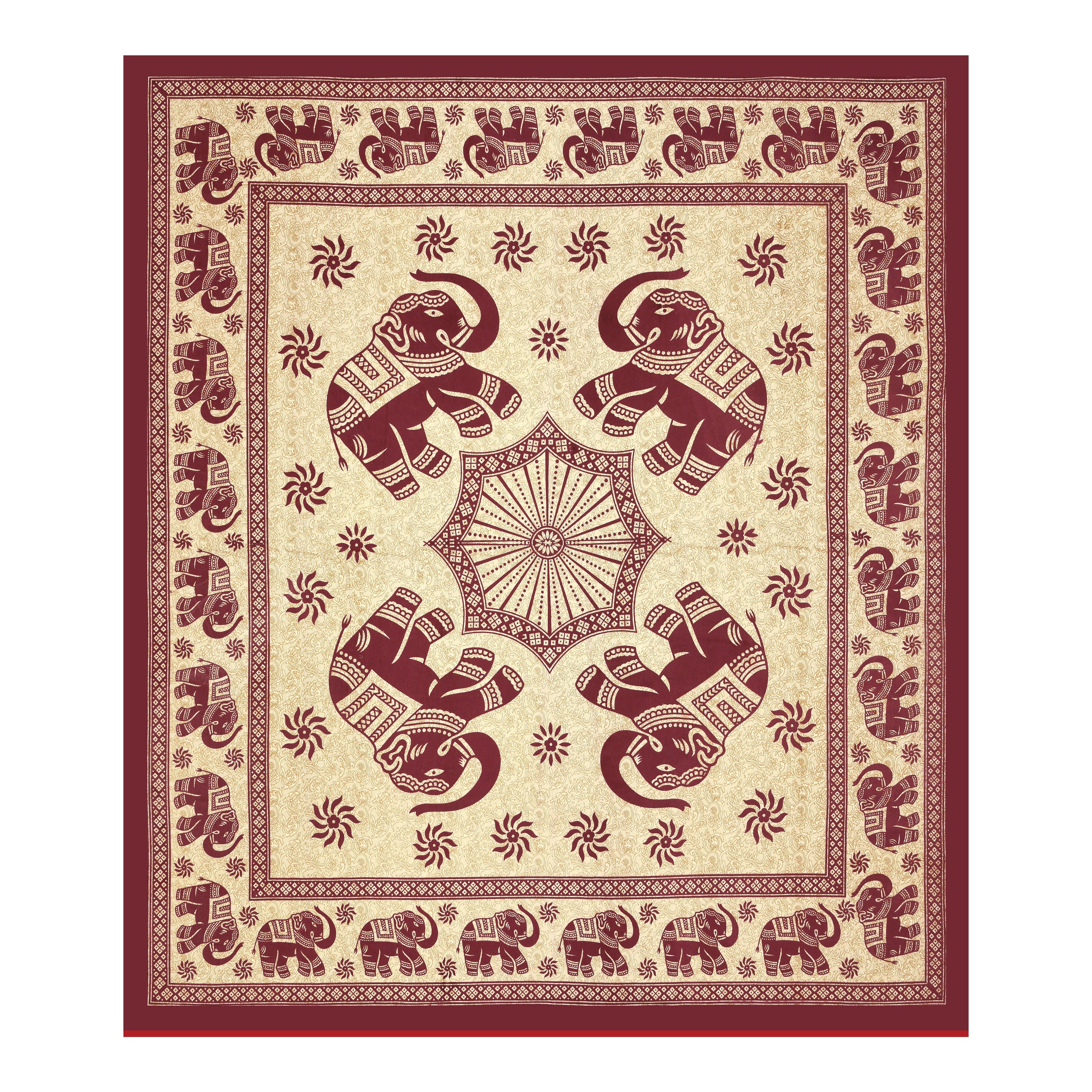 Royal Elephant Print Cotton Bedsheet – Maroon Elegance