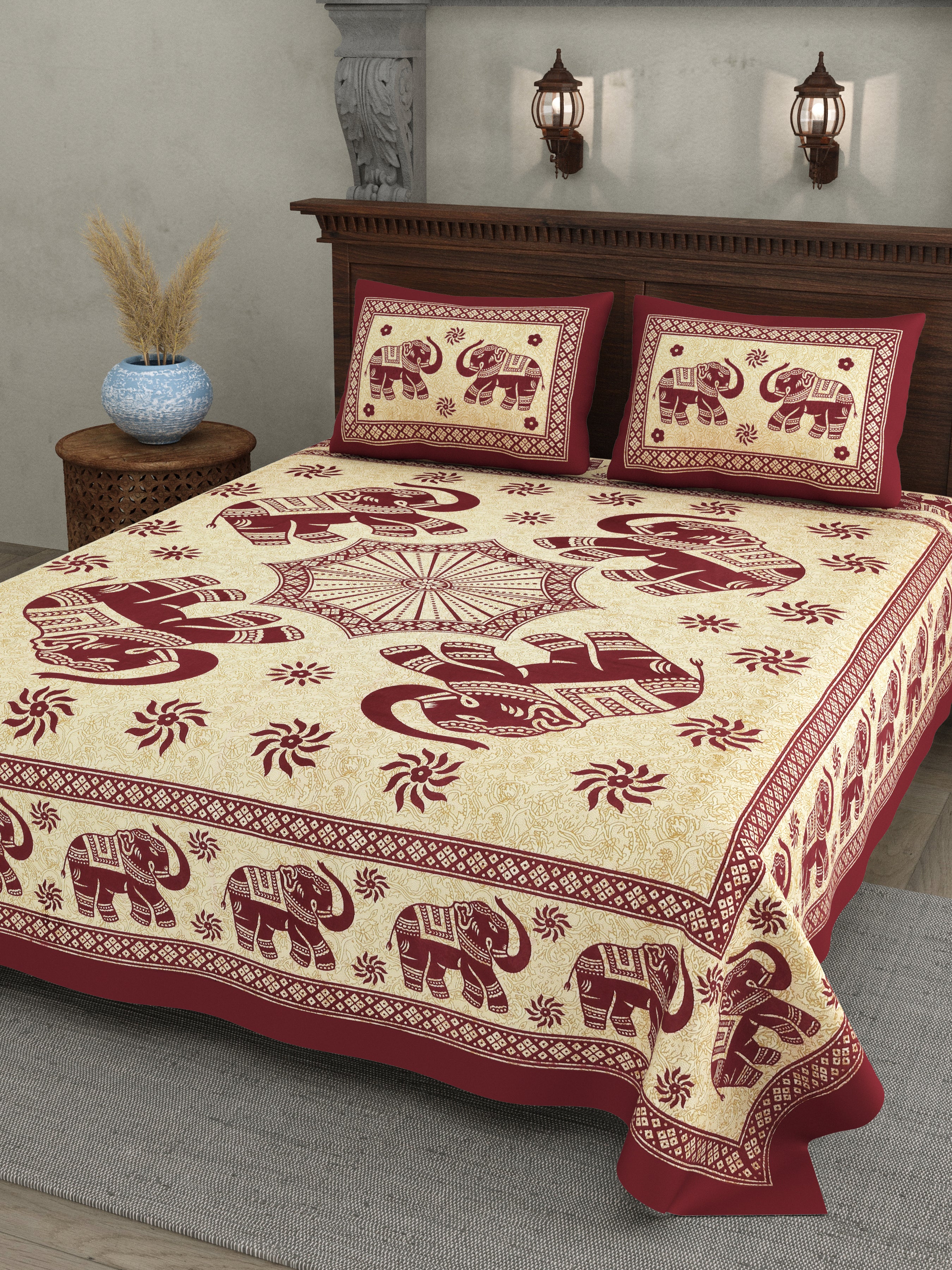 Royal Elephant Print Cotton Bedsheet – Maroon Elegance