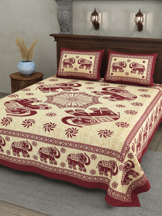Royal Elephant Print Cotton Bedsheet – Maroon Elegance