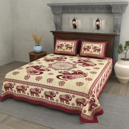Royal Elephant Print Cotton Bedsheet – Maroon Elegance