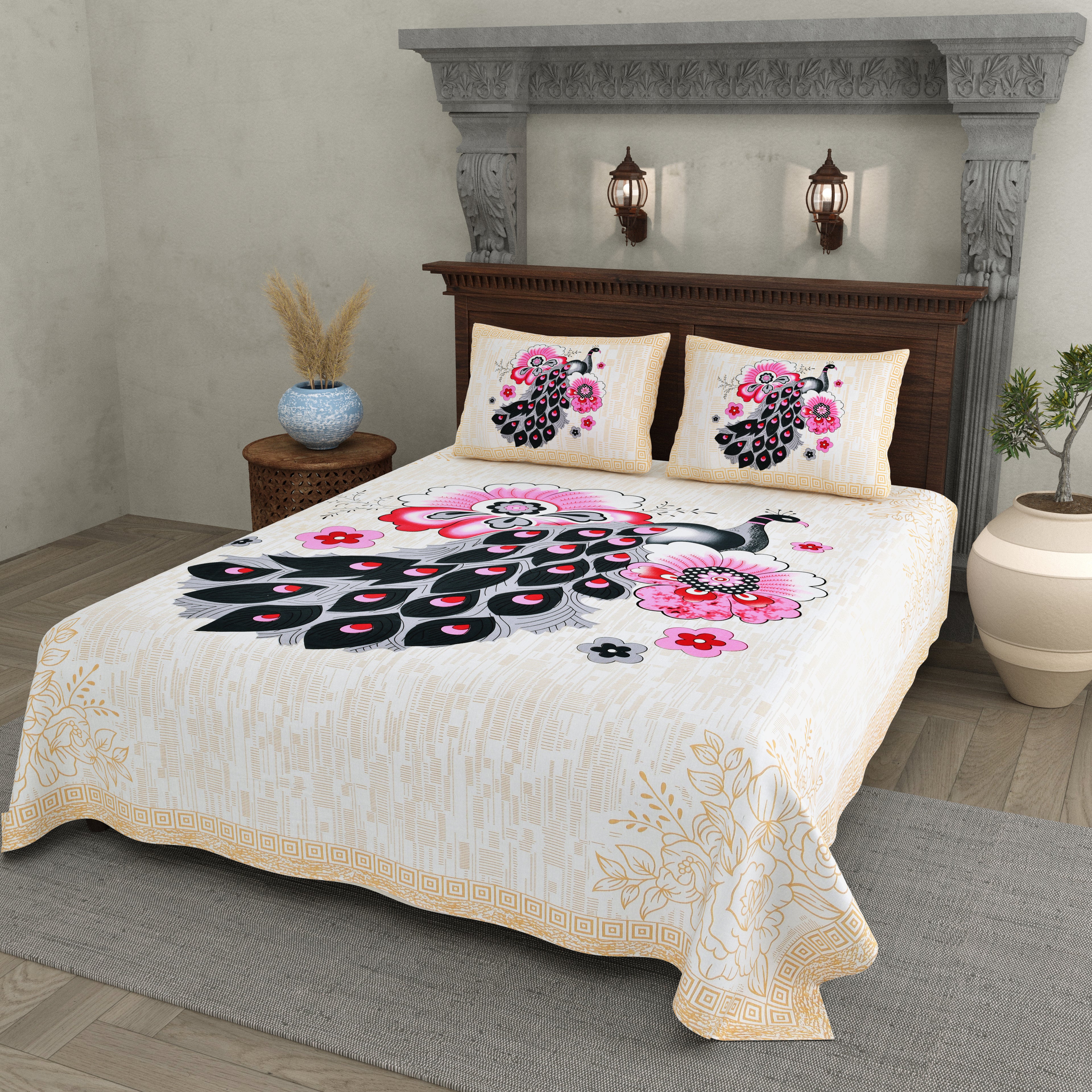 Pink Peacock Glory Cotton Bedsheet