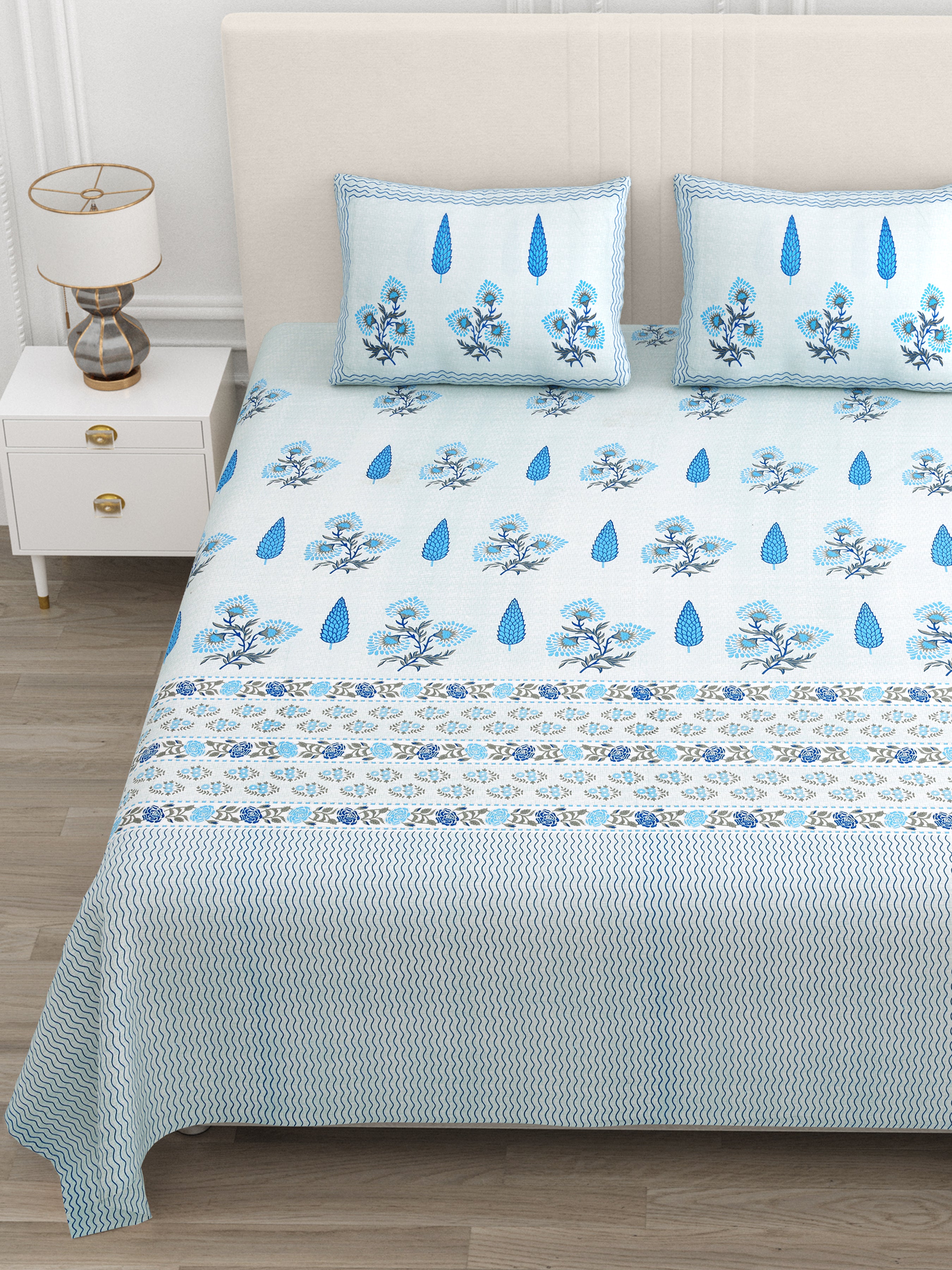 Sky Blue Blooms Super King Size Bedsheet