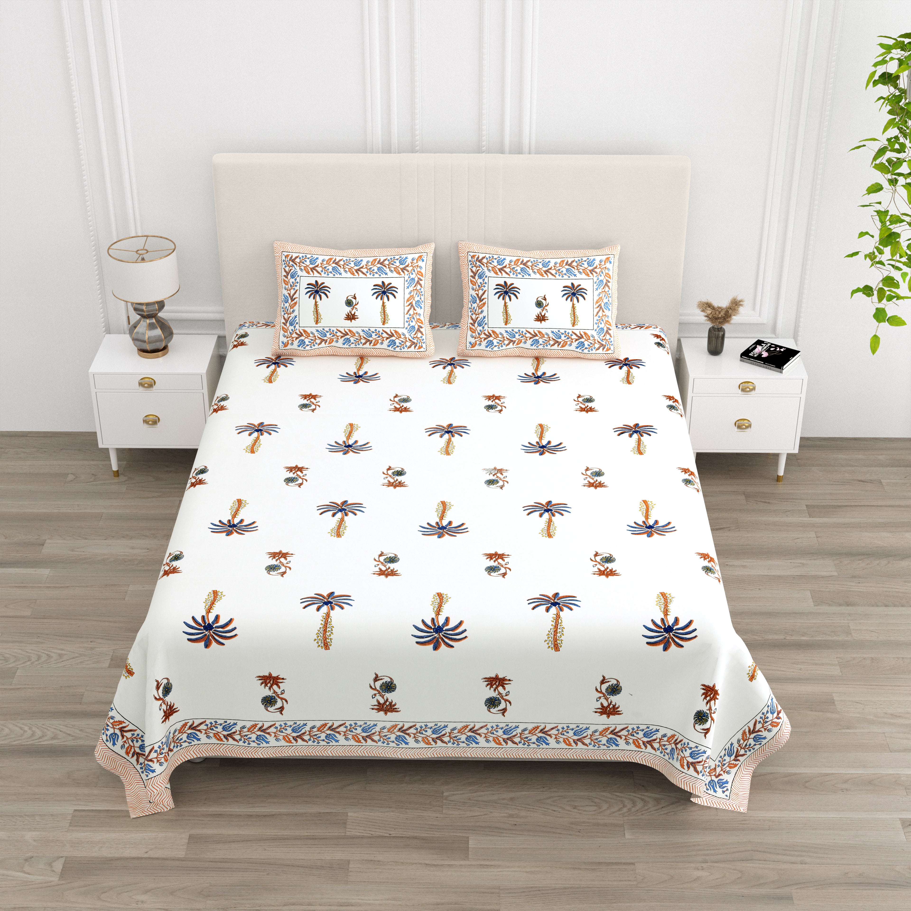 Palm Paradise King Size Bedsheet – Orange Blue