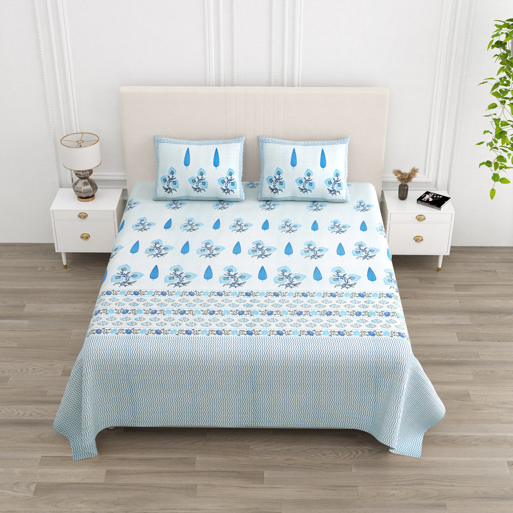 Sky Blue Blooms Super King Size Bedsheet