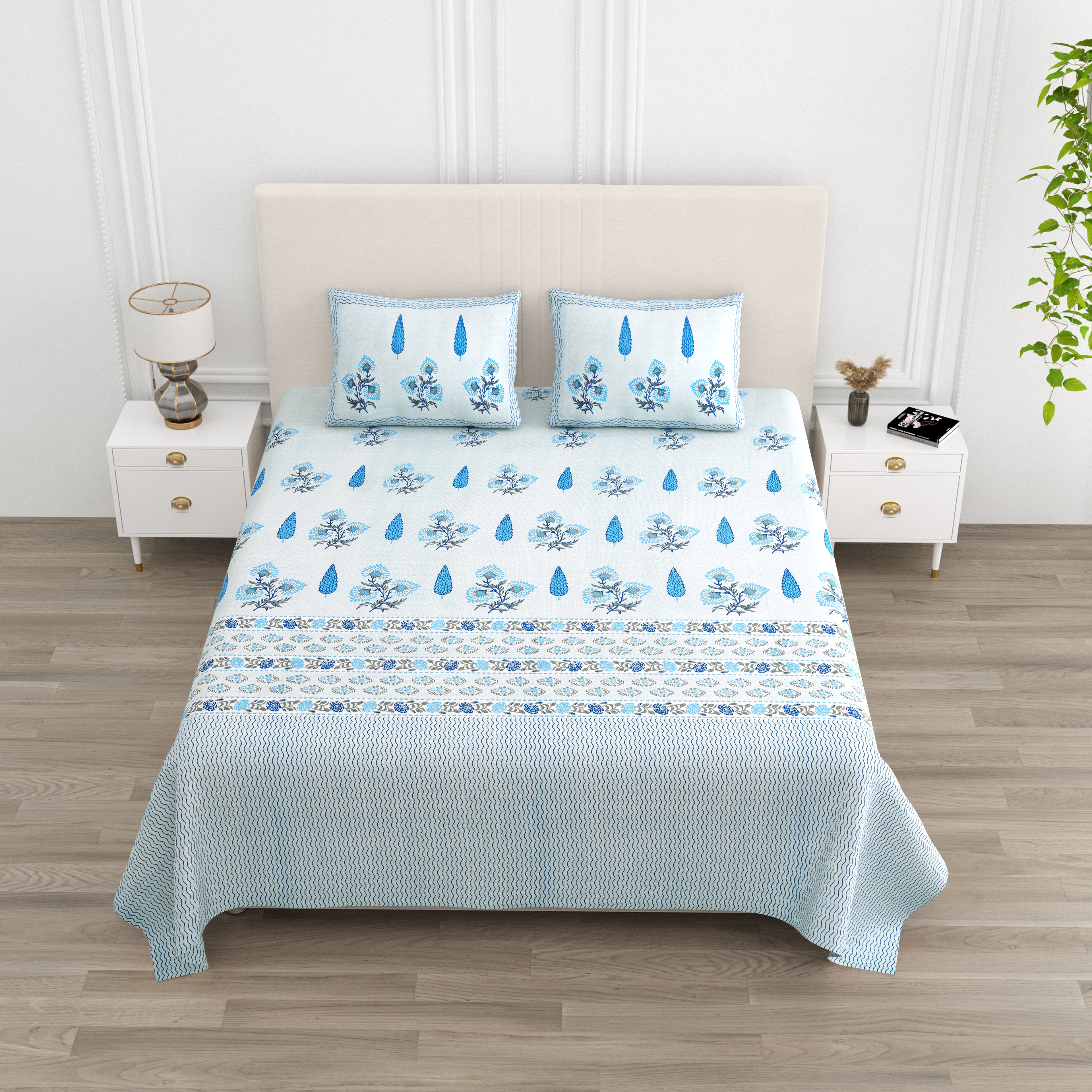 Sky Blue Blooms Super King Size Bedsheet