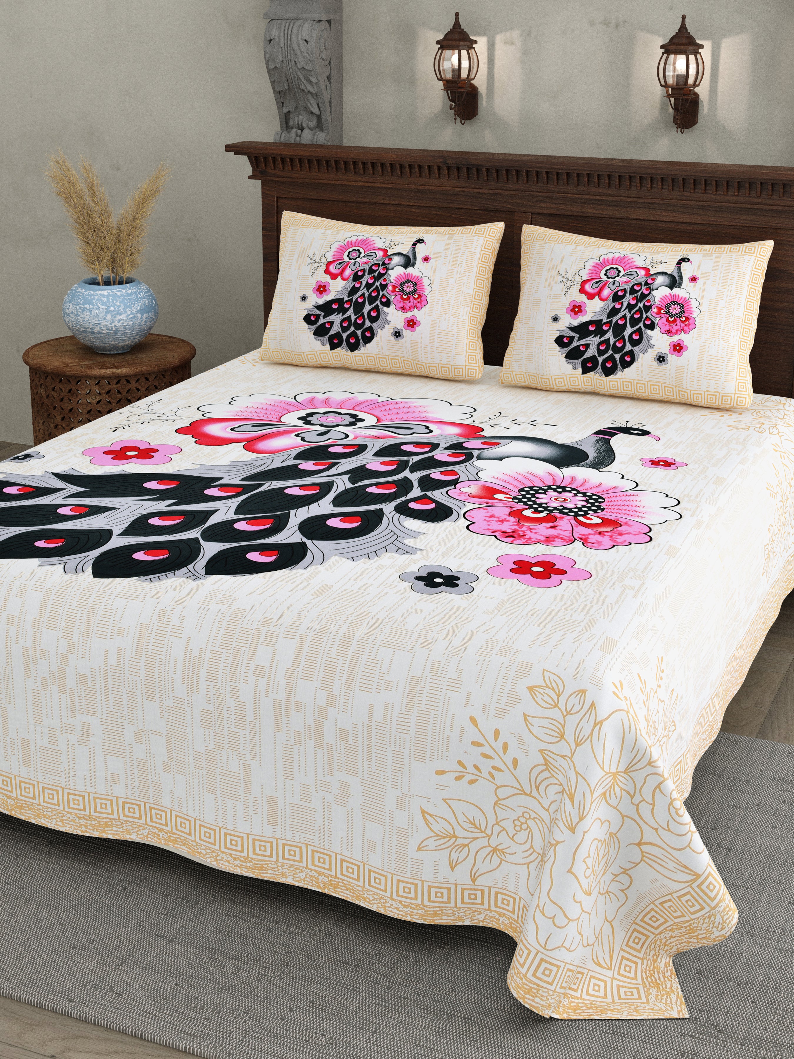Pink Peacock Glory Cotton Bedsheet