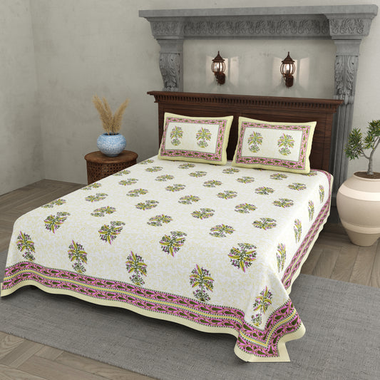 Green Planted Block Print – Cotton Bedsheet Set