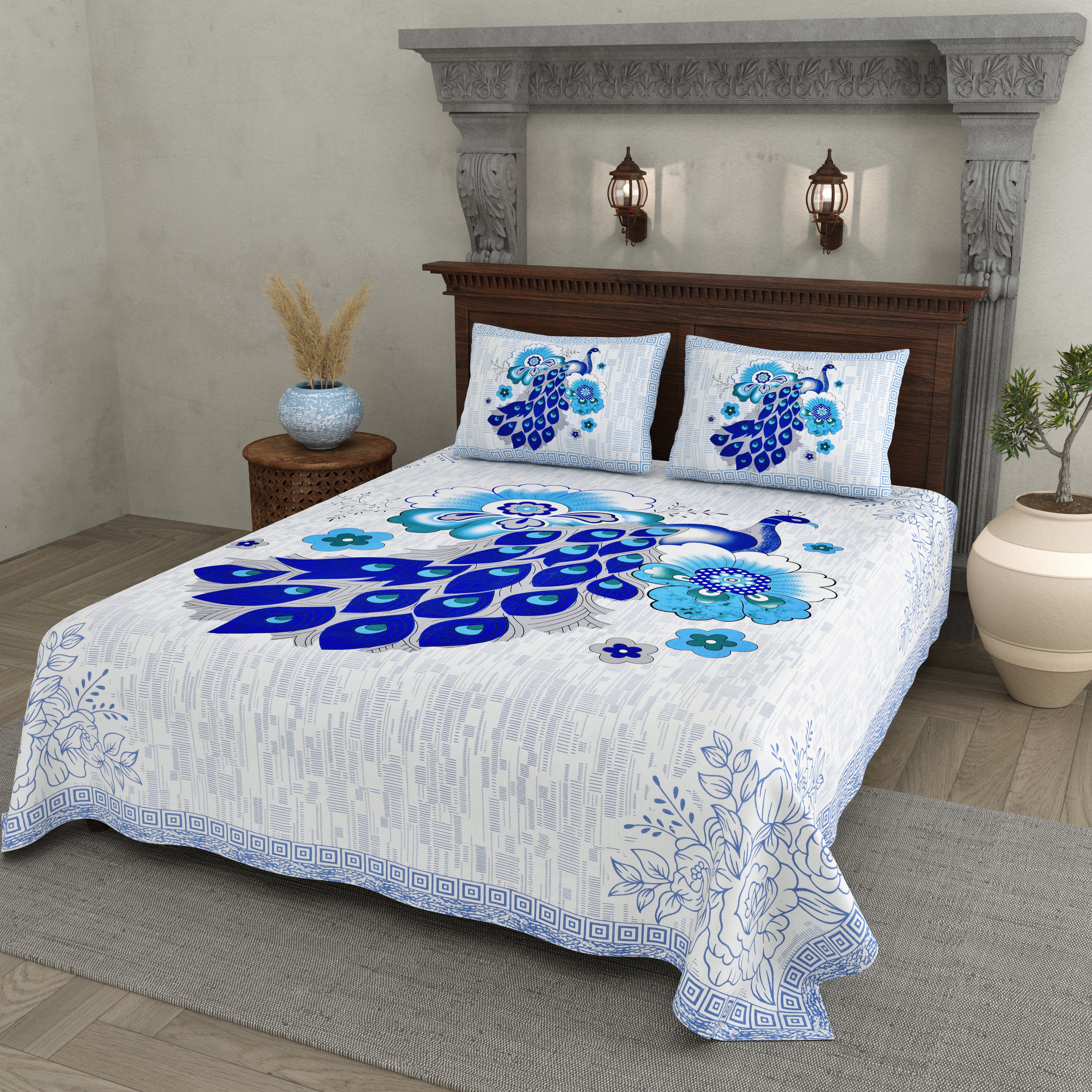 Blue Peacock Glory Cotton Bedsheet