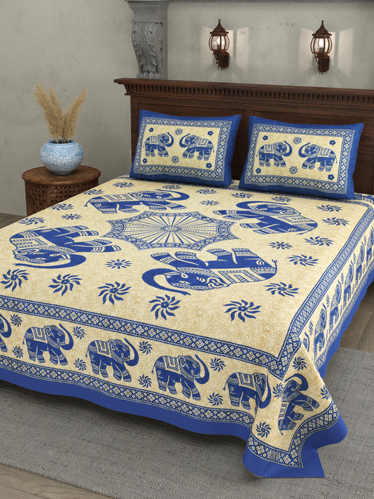 Royal Elephant Print Cotton Bedsheet – Blue Charm