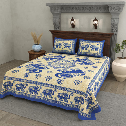 Royal Elephant Print Cotton Bedsheet – Blue Charm