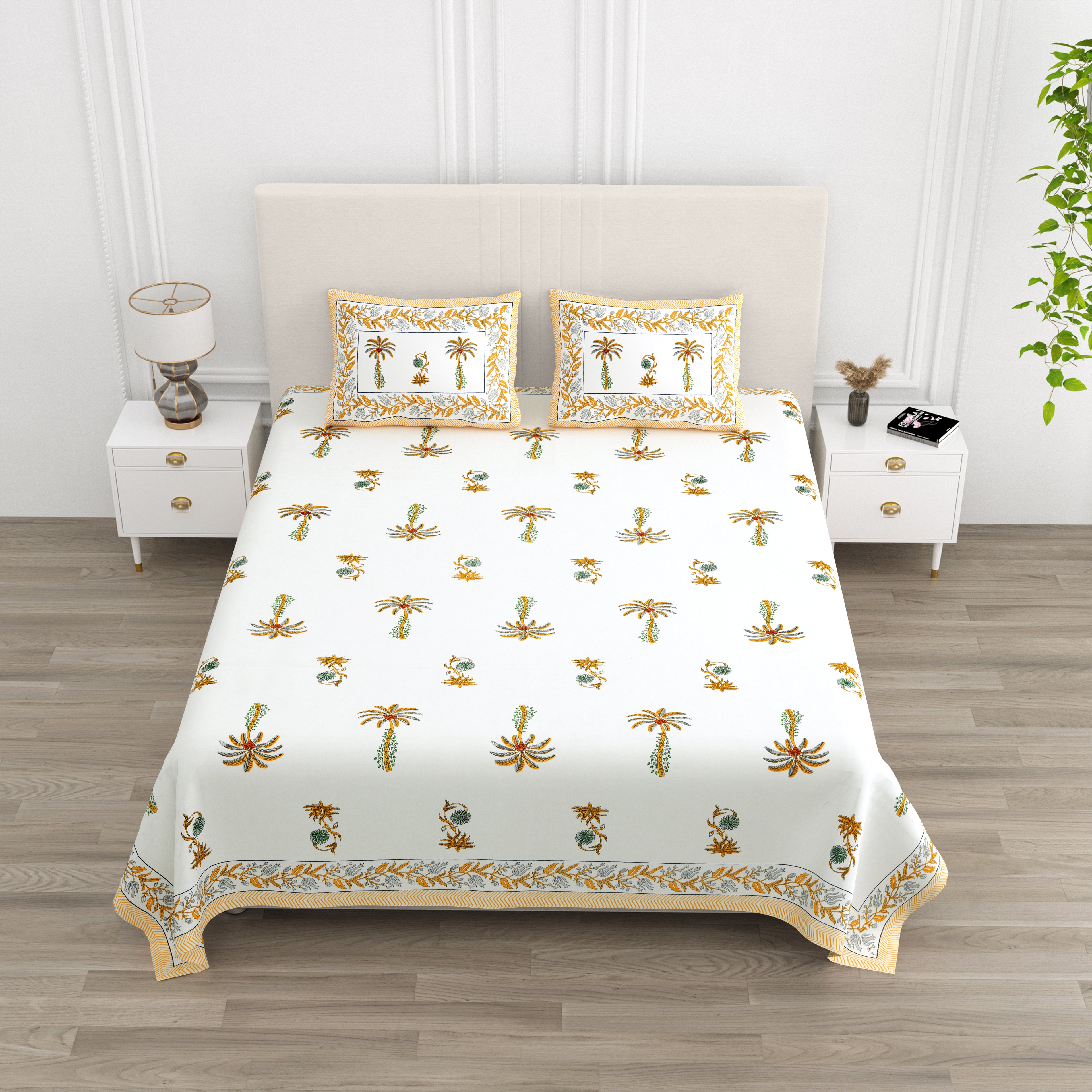 Palm Paradise King Size Bedsheet – Mustard Green