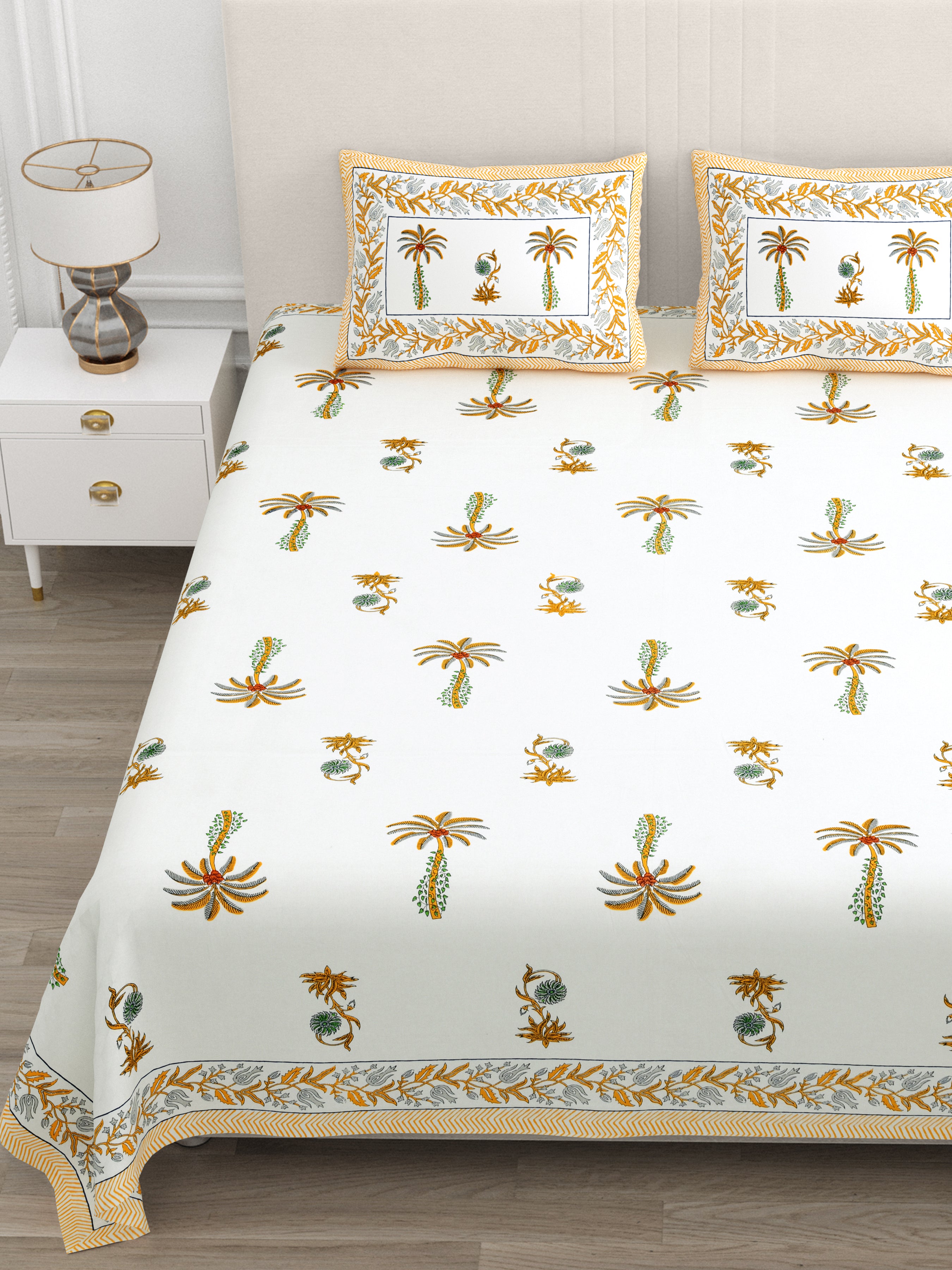 Palm Paradise King Size Bedsheet – Mustard Green