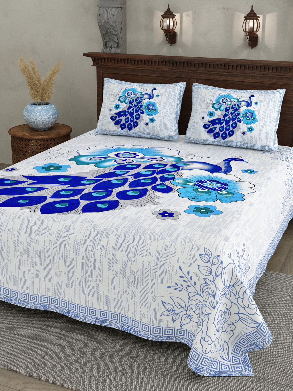 Blue Peacock Glory Cotton Bedsheet