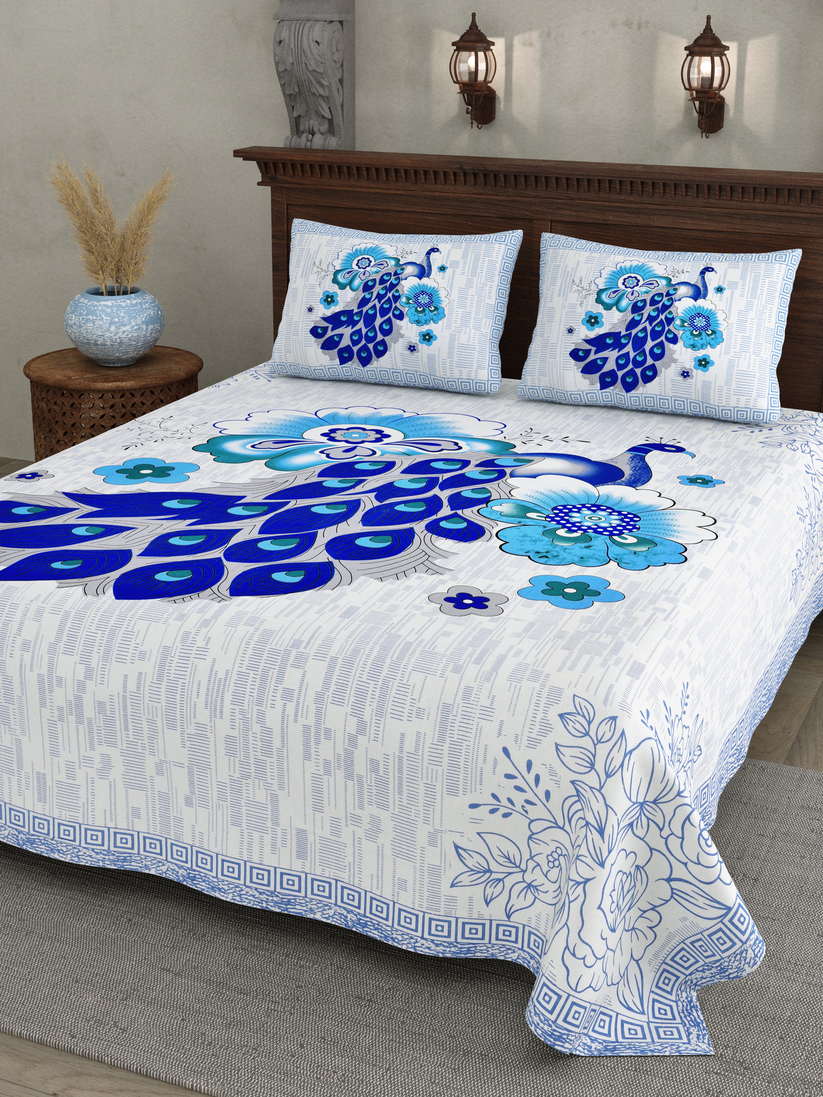 Blue Peacock Glory Cotton Bedsheet