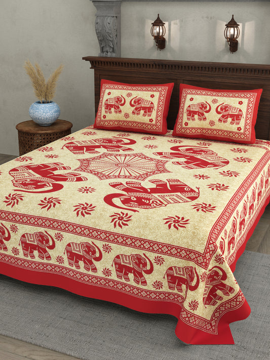 Royal Elephant Print Cotton Bedsheet – Red Classic