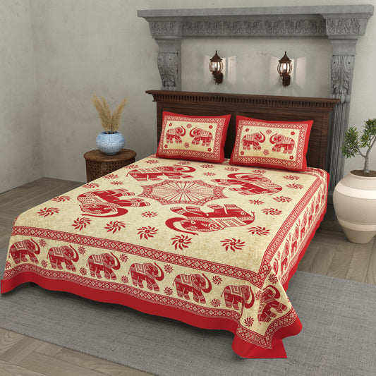 Royal Elephant Print Cotton Bedsheet – Red Classic