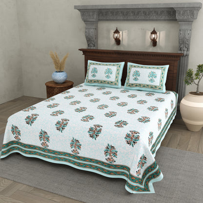 Blue Plant Block Print – Cotton Bedsheet Set