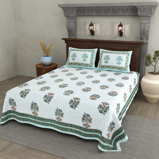 Blue Plant Block Print – Cotton Bedsheet Set