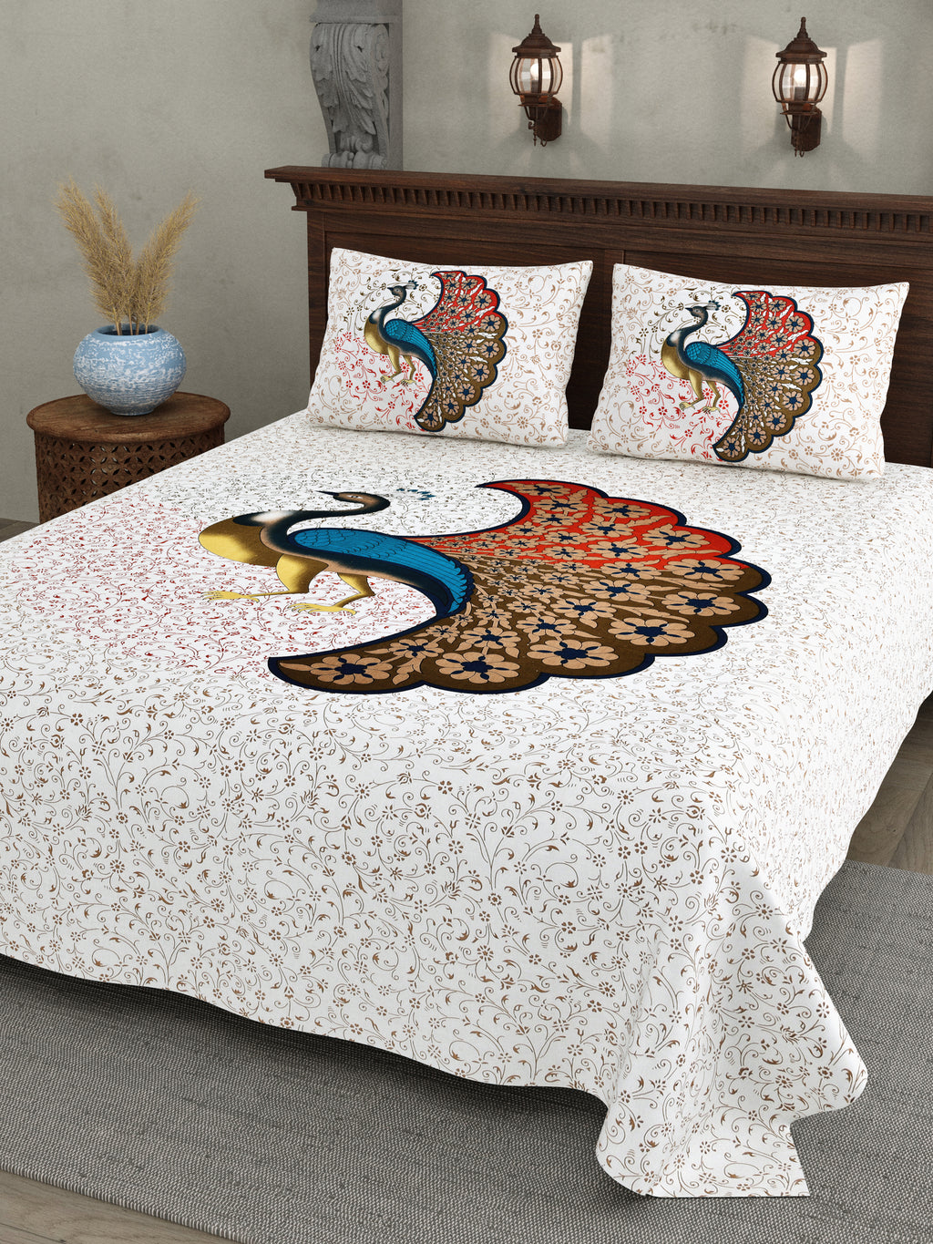 Majestic Peacock Print Cotton Bedsheet