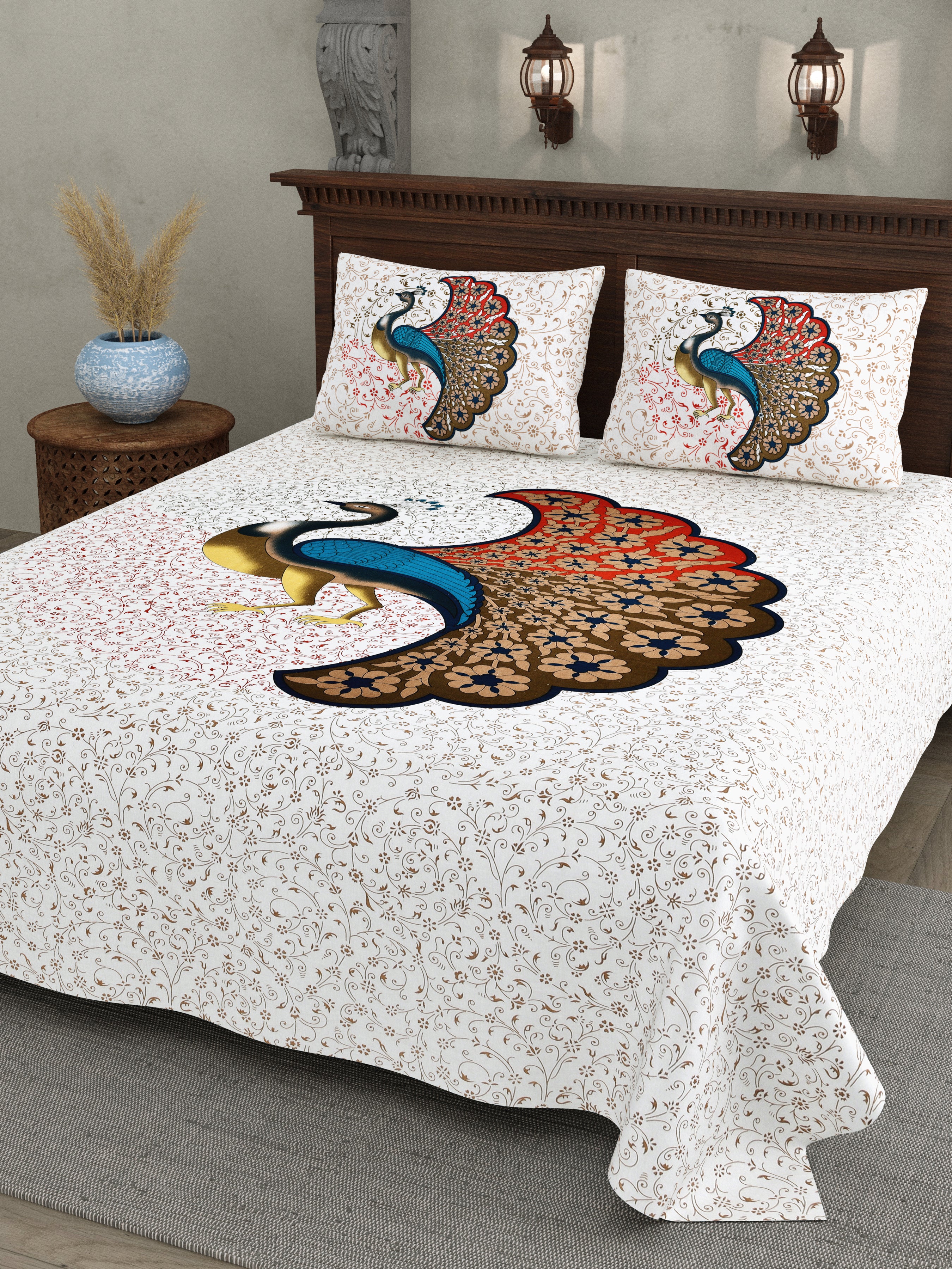 Majestic Peacock Print Cotton Bedsheet