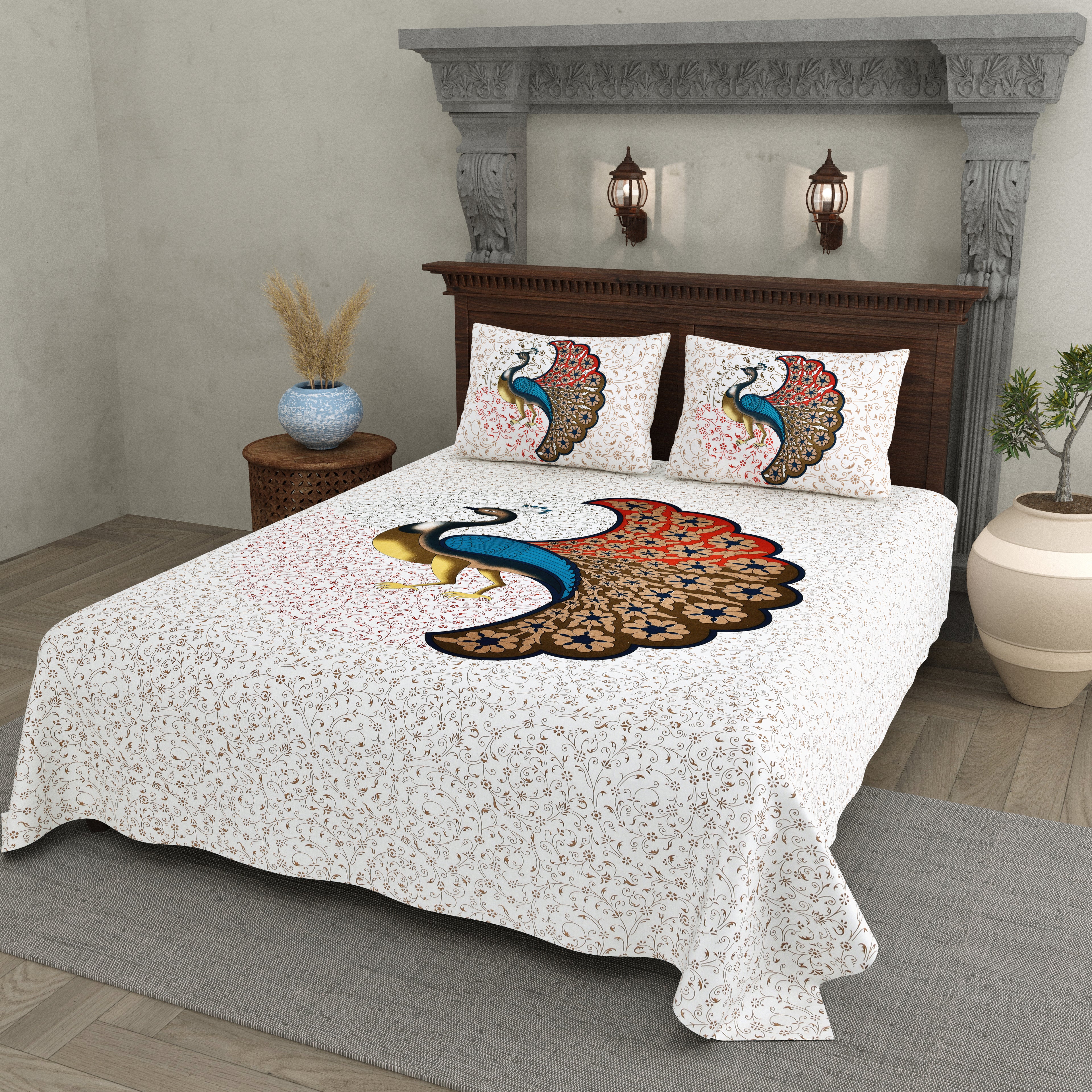 Majestic Peacock Print Cotton Bedsheet