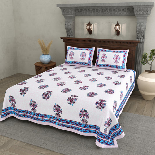 Pink Plant Block Print – Cotton Bedsheet Set
