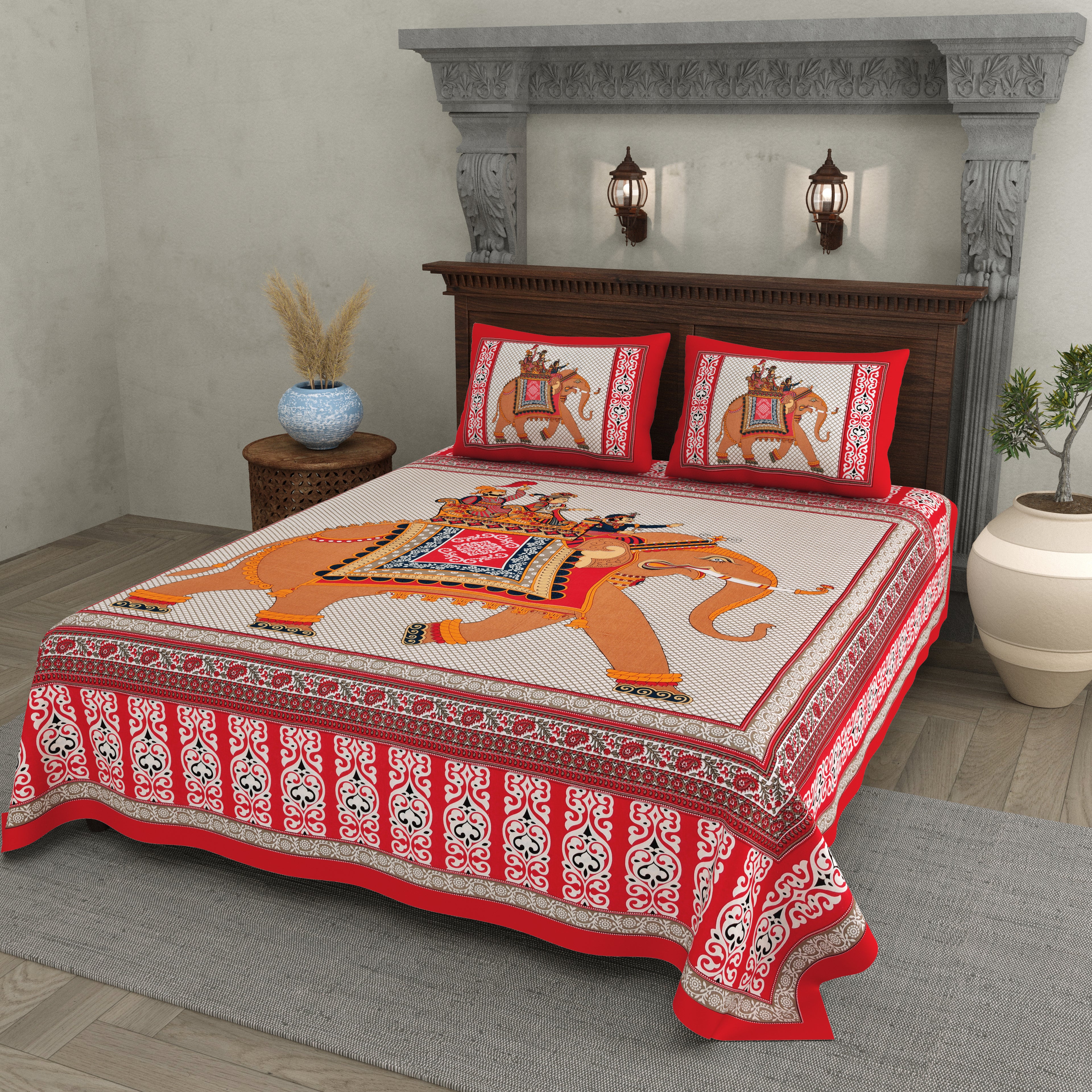 Red Elephant Parade Cotton Bedsheet